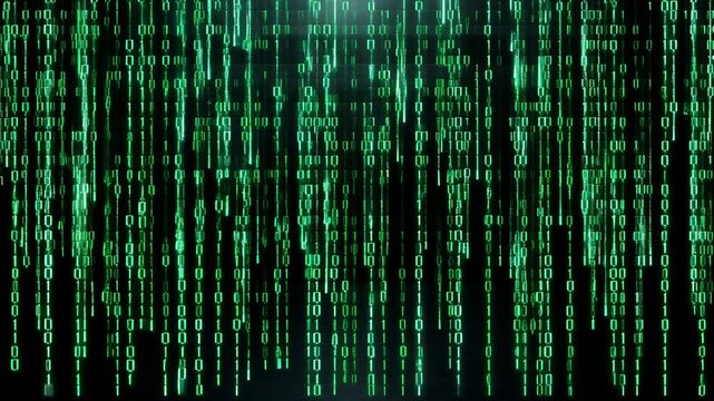 Green binary code raining down on a dark background