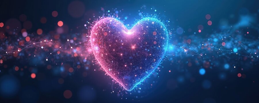 Glowing heart of blue and pink lights with connected dots and lines. Abstract digital network visual for medical tech data or AI health concepts.