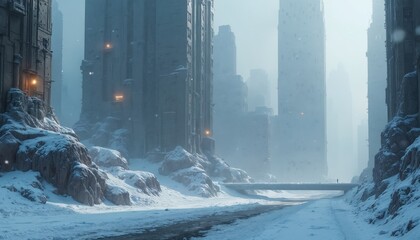 Fototapeta premium Futuristic city covered in snow and ice. Tall buildings stand amidst snowy hills and frozen river. A lone person walks across a bridge in the cold, misty urban landscape.
