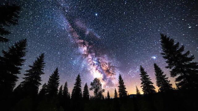 Majestic Milky Way Galaxy Over Dark Pine Forest Silhouette at Night