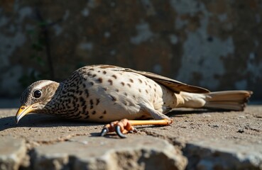 Fototapeta premium Dead song thrush lies on stone wall. Spotted bird is lifeless with delicate feathers. Nature claims animal ending its song, quiet stillness. Wildlife tragedy unfolds.