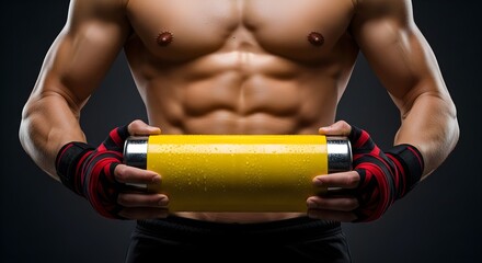 Naklejka premium Man Showing Fit Body While Holding a Yellow Dumbbell in His Hands
