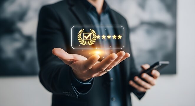 Hands Holding Quality Assurance Emblem with Gold Laurel Wreath And Five Stars