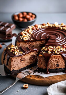 Dark chocolate cheesecake with hazelnuts. With chocolate cookie crumbs, melted butter, cream cheese, sugar, vanilla extract, eggs, dark chocolate, hazelnut cream, toasted hazelnuts, and chocolate gana