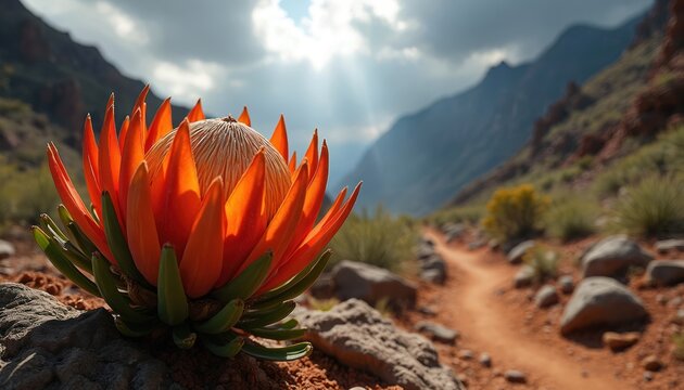Bright orange protea blooms on rocky mountain trail. Sun rays pierce cloudy sky over dry landscape. Desert flora thrives in harsh terrain under blue sky.