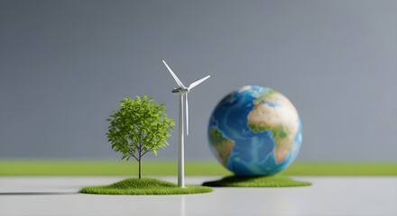 Naklejka premium Sustainability Wind Turbine, Earth Globe, and Tree Symbolizing Clean Renewable Energy