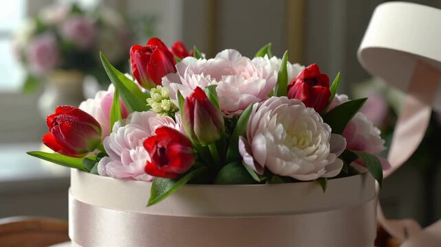 Luxury flower gift box opening. Round gift box with spring flowers. Elegant box with tulips and peonies.