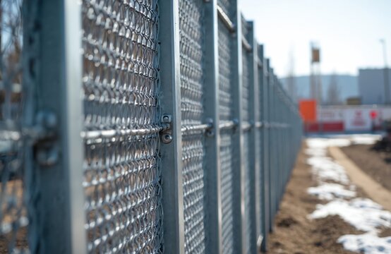 Mobile metal chain link fence sections installed in a line on an outdoor construction site. The barriers create a clear perimeter boundary. Snow patches are visible on the ground.