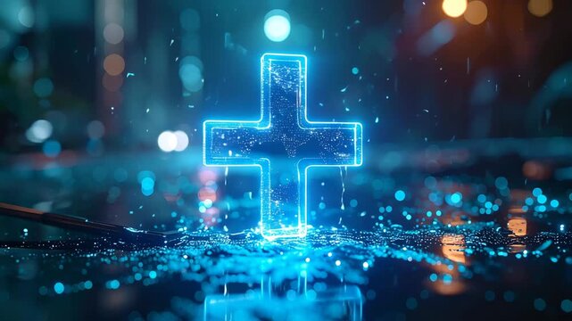 Neon Plus Sign: Illuminated plus sign glows with an ethereal light, signifying hope and positivity. Set against a blurred urban backdrop.