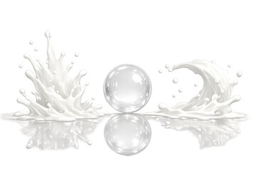 Milk splash and liquid wave around clear transparent sphere with reflection, fresh dairy drink or yogurt pouring