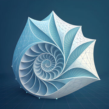 Geometric spiral shell with blue and white gradient lines on a dark background abstract 3d illustration