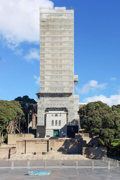 The National War Memorial Carillon tower in Wellington, New Zealand, covered in scaffolding during restoration work at Pukeahu National War Memorial Park.