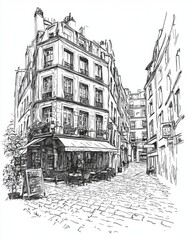 Obraz premium Sketch of a narrow street in Paris with a cafe and outdoor seating on a sunny day