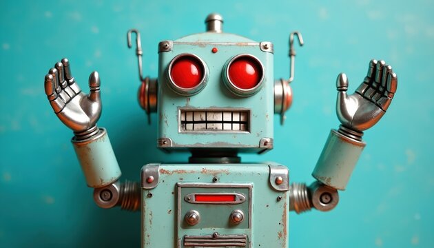 Vintage tin toy robot with shiny metallic hands raised. Red eyes and square teeth give it a quirky, playful expression. Simple light blue background highlights retro design and nostalgic feel.