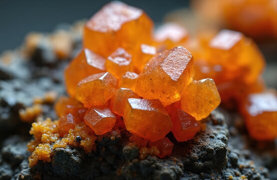 Close-up of bright orange crocoite crystals on dark matrix. Gemstone cluster forms geometric shapes. Mineral specimen shows natural beauty, geological formation details.