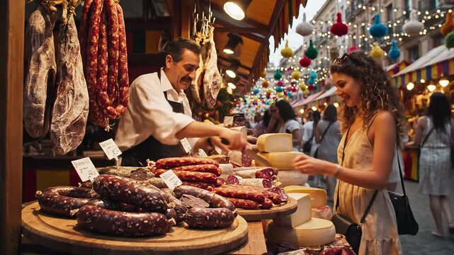 Man selling cured meats and cheese at a vibrant outdoor market stall