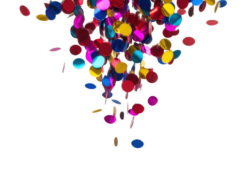 highly reflective metallic circular foil confetti shower (red, blue, yellow) descending dynamically with motion blur and dramatic bokeh on a stark white background. abstract celebration background