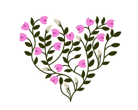 Heart-shaped floral arrangement. Heart silhouette. Intertwining plant stems and pink flowers. Isolated design of plant elements. Spring design for Valentine's Day, Women's Day, and weddings