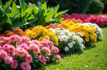 Obraz premium Garden beds display rows of pink, yellow, white, and red blooming flowers under bright sunlight. Rich green grass borders the colorful flowerbeds, creating a vibrant natural landscape scene.