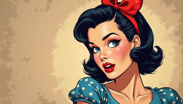 Vintage pouting woman with blue eyes red lips and polka dot dress. Retro style pinup girl with black hair red bow. Glamour retro lady portrait art.