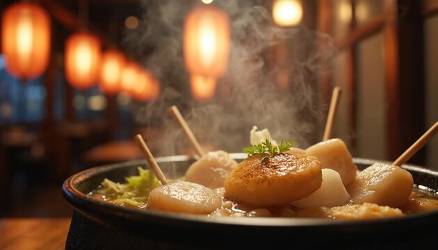 Steaming Japanese oden hot pot with fish cakes and daikon radish simmers in broth. A delicious warm meal served in a rustic bowl, lit by soft lantern glow. Comfort food for cool evenings.