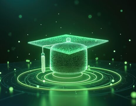 Digital graduation cap glows neon green on abstract tech background. Futuristic education concept. Modern university or college achievement symbol. Online learning success idea. Data science degree.