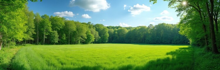 Obraz premium Vast green meadow bordered by lush trees under a bright blue sky with scattered clouds. Sunlight filters through the forest canopy onto the vibrant grass.