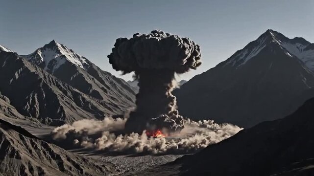 Volcanic eruption in mountainous landscape with vehicle in smoke and ash cloud from aerial viewpoint