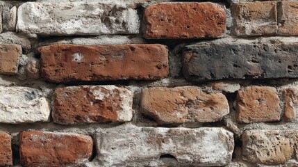Fototapeta premium Detailed Close-Up of Vintage Brick Wall with Various Shades and Textures Highlighting Weathered Characteristics and Unique Patterns
