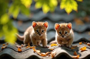 Fototapeta premium Two small stone martens play on a wavy roof with fallen leaves. Young wild animals explore urban environment near cherry tree. Cute fuzzy babies have fun outdoors in sunlight.