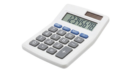 A white calculator with a digital display on a black background