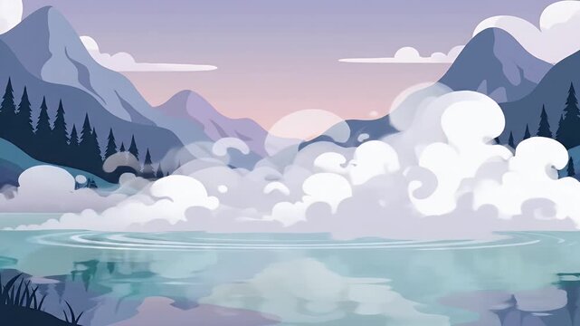 Serene mountain lake landscape with pine trees and clouds