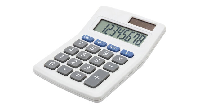 A white calculator with a digital display on a black background