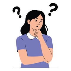 A young woman contemplates a difficult question with two question marks above her head.