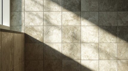 Obraz premium Sunlight Casting Shadows on Elegant Bathroom Tiles with Neutral Colors and Modern Design, Creating a Serene and Inviting Atmosphere for Relaxation