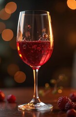Fototapeta premium Deep red wine swirls in elegant stemmed glass. Berries rest nearby. Bubbles rise in the rich liquid. Soft bokeh lights create warm ambiance.