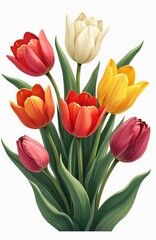 Colorful tulips in a bouquet, white, yellow, red, orange and pink blossoms. Tall green leaves and stems form rich foliage. Classic botanical art.