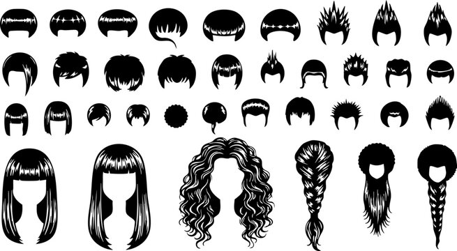 Vector black hair wig and hairstyle silhouettes set for women, men, and children, isolated on white
