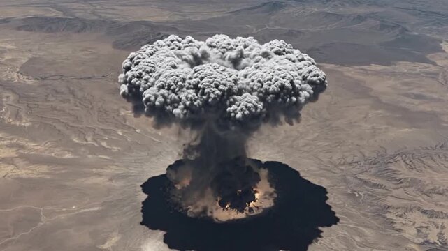 Aerial view of a massive volcanic eruption in a barren landscape with smoke and ash cloud