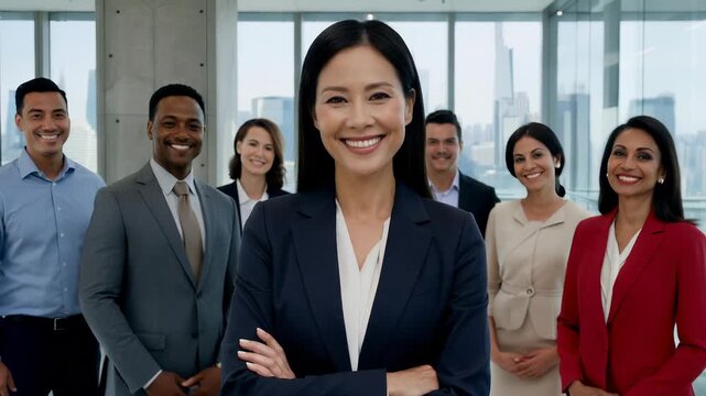 Confident asian businesswoman with arms crossed leading a diverse, smiling team of professionals in a modern office with city skyline, symbolizing leadership and teamwork success