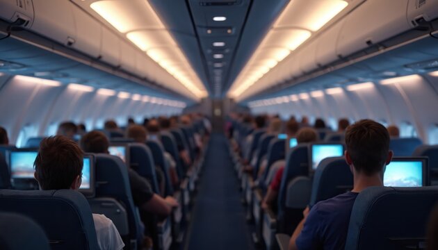 Interior view of airplane cabin with passengers seated in rows. People travel in economy class seats. Blue carpet aisle runs down center. Overhead lights glow warmly.