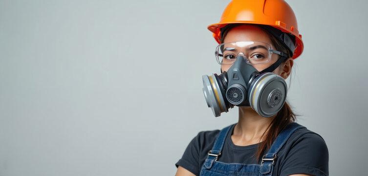 Woman wears protective respirator and orange hard hat. Safety goggles shield eyes from dust and chemical fumes. Worker ready for industrial job, construction site.