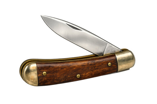Folding pocket knife with wooden handle and steel blade