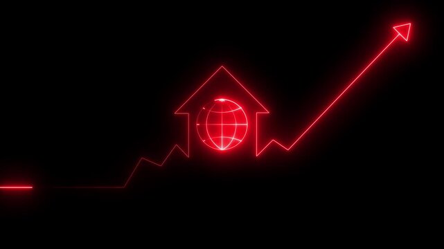Red neon house and globe with upward trending graph  