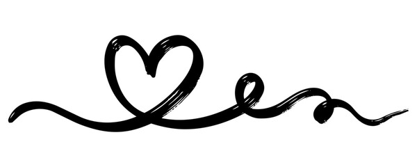 Hand drawn black brush heart line art with decorative swirl element isolated on white background. © Kebon doodle