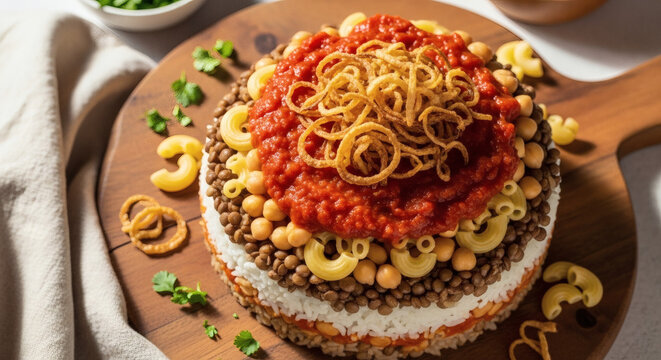 Authentic Egyptian Koshary With Crispy Onions On Rustic Wooden Board