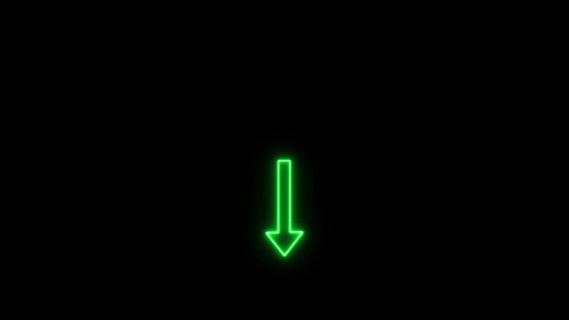 Neon green arrow pointing downwards on black background. Glowing neon direction DOWN arrow icon animation. Neon arrow doing direction information animation on black background.