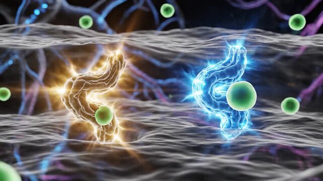 High quality biomedical 3D animation showing serotonin molecules binding to 5HT1A and 5HT2A receptors on neuron membrane glowing activation signals smooth realistic motion dark neuroscience background