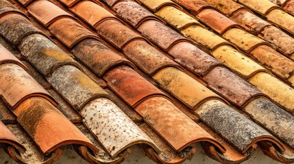 Detailed Close-Up of Weathered Terracotta Roof Tiles Showing Texture, Color Variations, and Natural Aging Over Time in Architectural Design