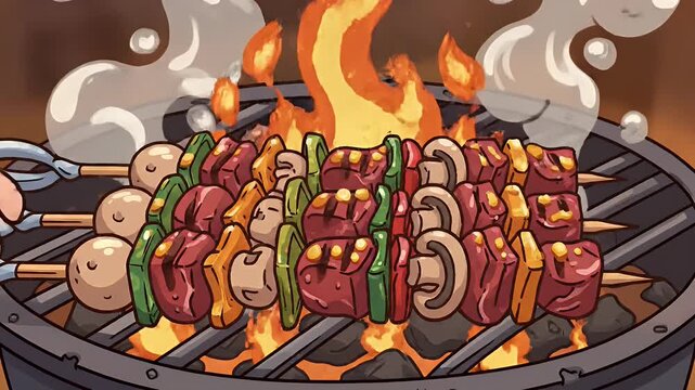 Skewers of meat and vegetables grilling over hot flames